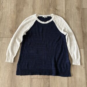 Madewell Colorblock Navy White Open Knit Linen Silk Blend Crew neck Sweater M